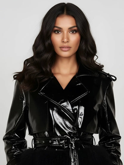 Black Patent Leather Jacket with Faux-Fur Trim - Jackets