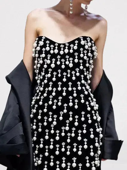 Black Pearl & Rhinestone Embellished Mini Dress - Dresses