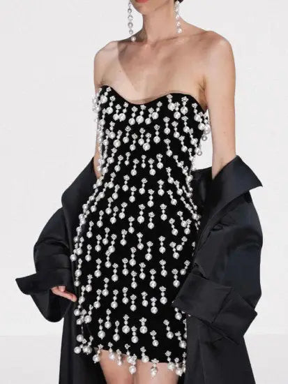 Black Pearl & Rhinestone Embellished Mini Dress - Dresses