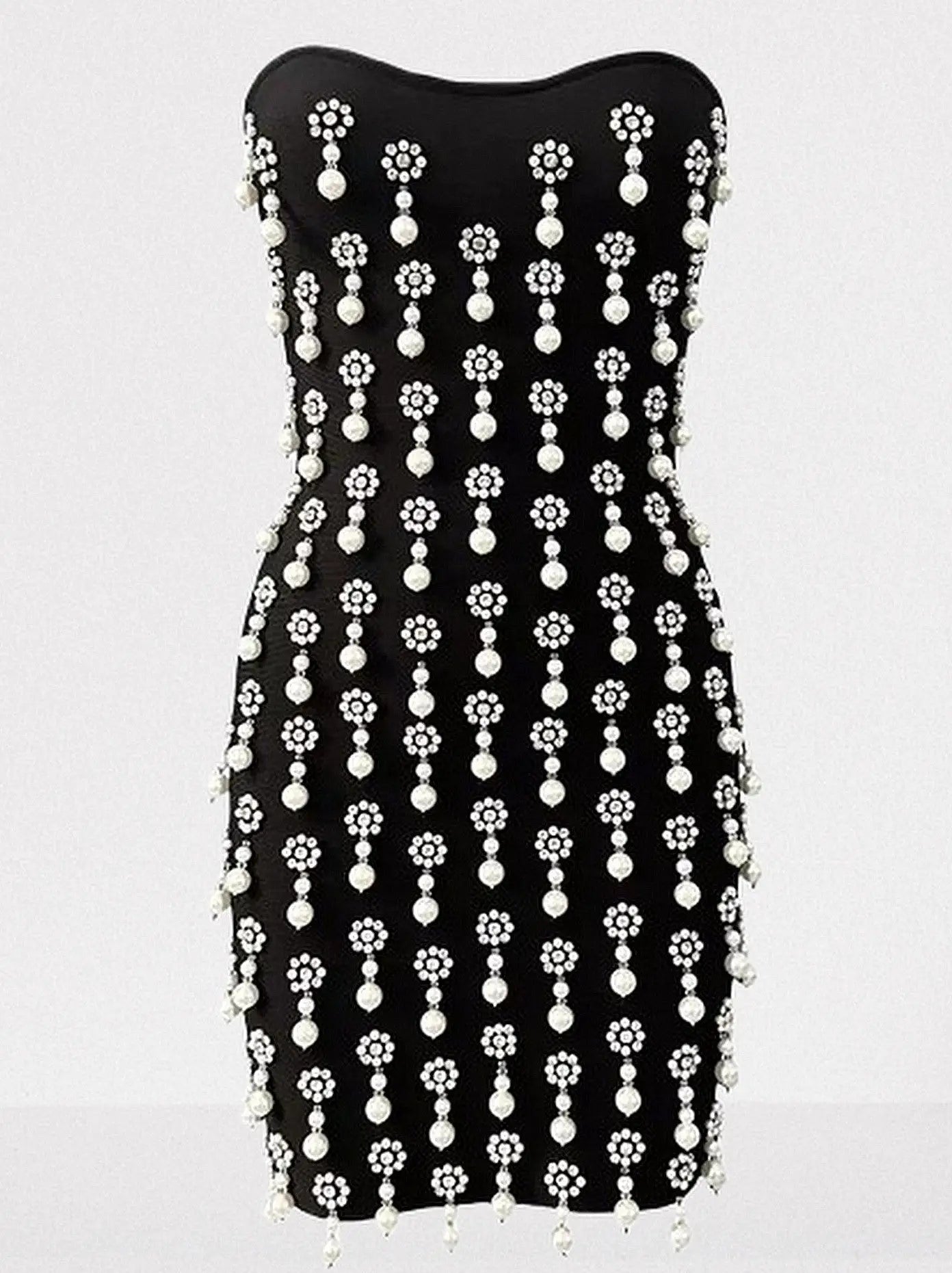Black Pearl & Rhinestone Embellished Mini Dress - Dresses