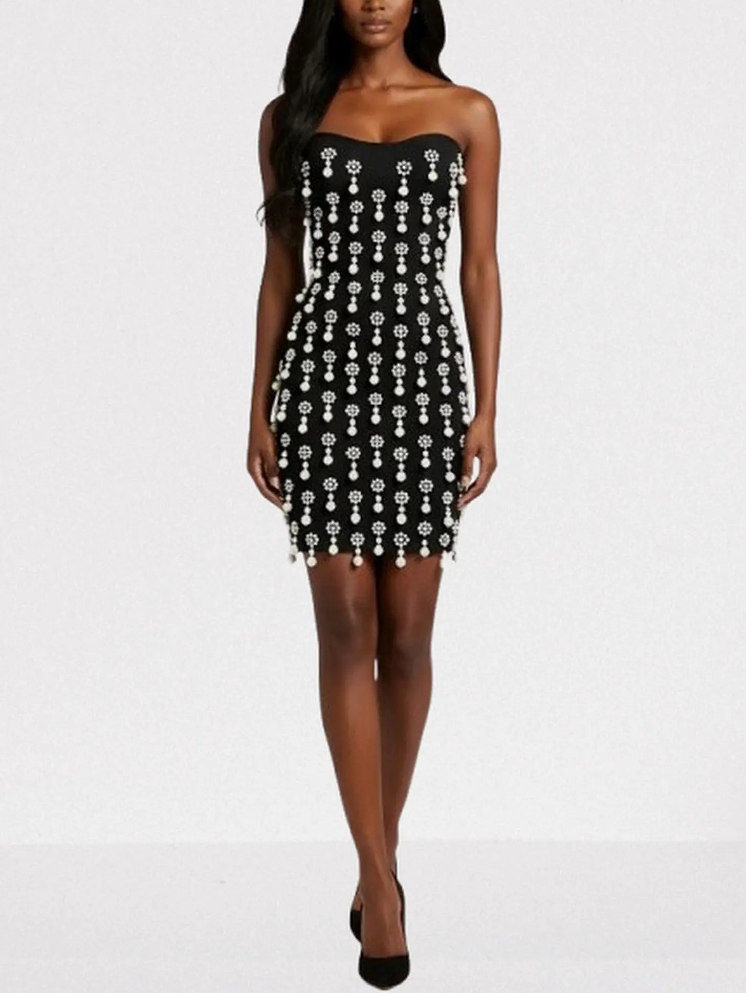 Black Pearl & Rhinestone Embellished Mini Dress - Dresses