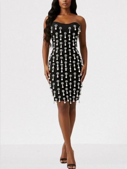 Black Pearl & Rhinestone Embellished Mini Dress - Dresses