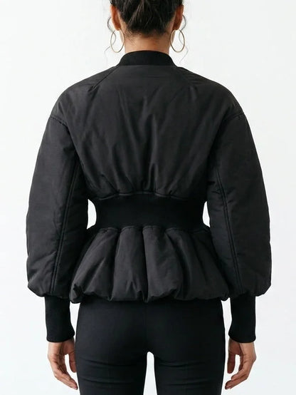 Black Peplum Bomber Jacket with Cinched Waist - Jackets