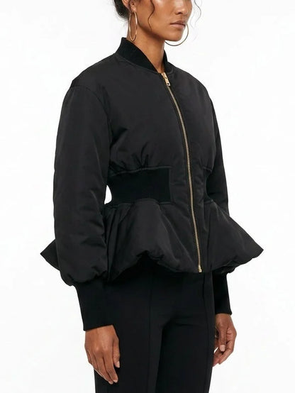Black Peplum Bomber Jacket with Cinched Waist - Jackets
