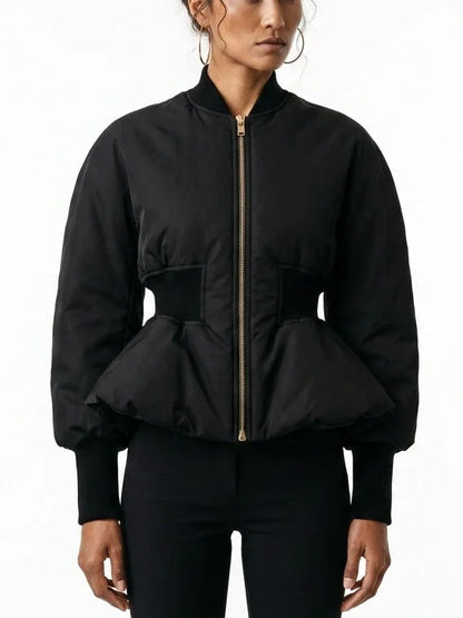 Black Peplum Bomber Jacket with Cinched Waist - Jackets