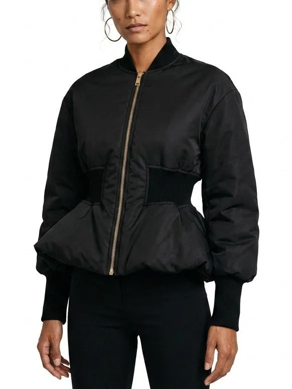 Black Peplum Bomber Jacket with Cinched Waist - Jackets