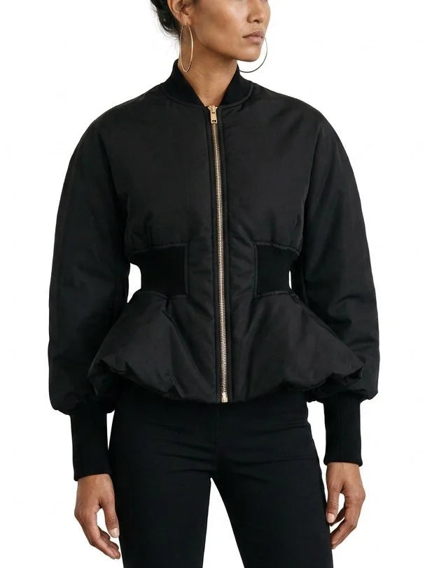 Black Peplum Bomber Jacket with Cinched Waist - Jackets