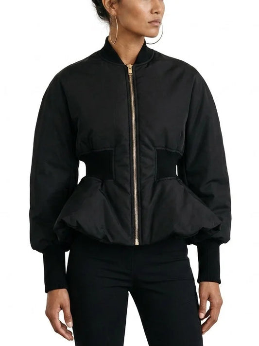 Black Peplum Bomber Jacket with Cinched Waist - Jackets