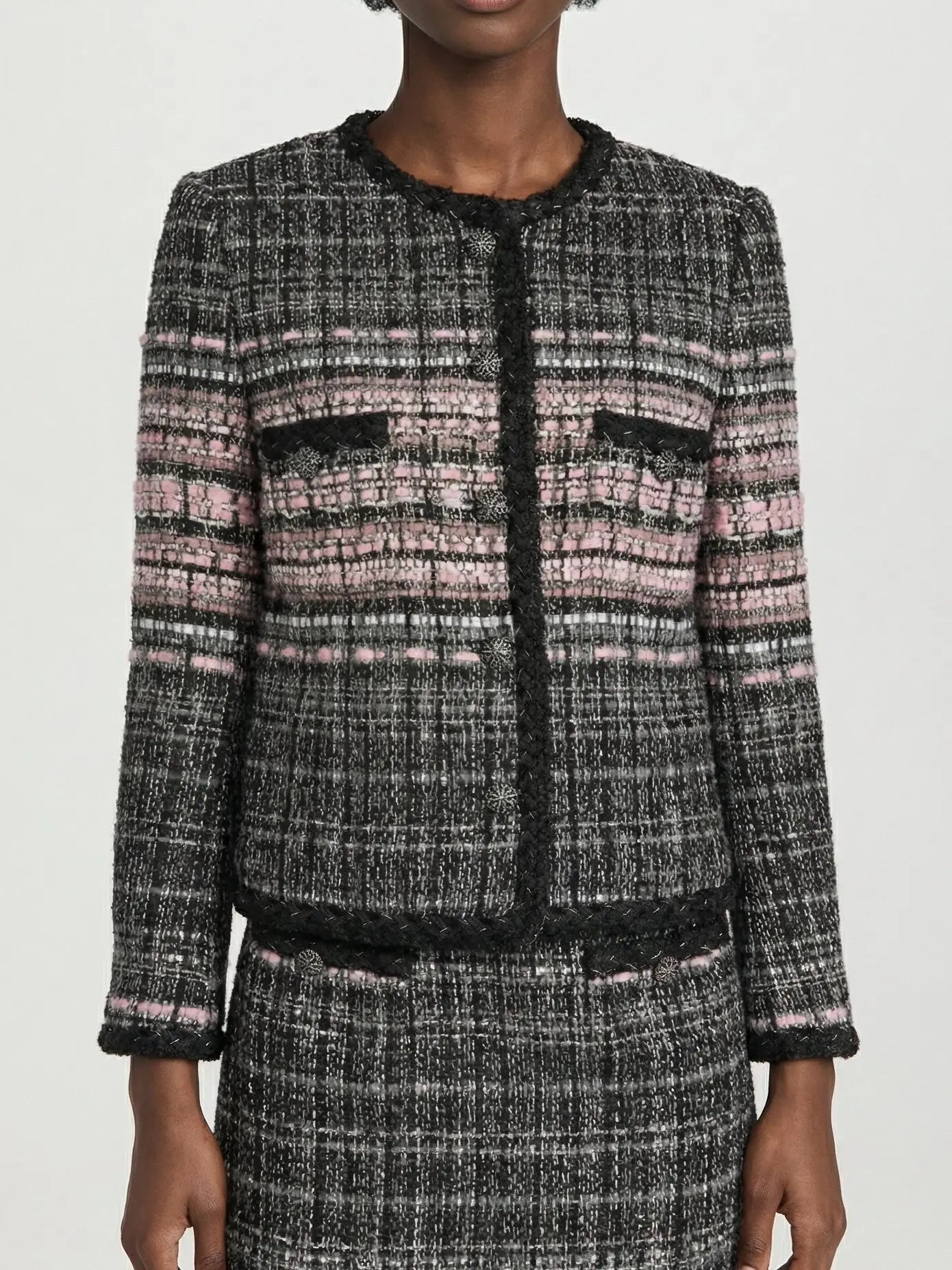 Black & Pink Textured Tweed Collarless Jacket - S - Jackets
