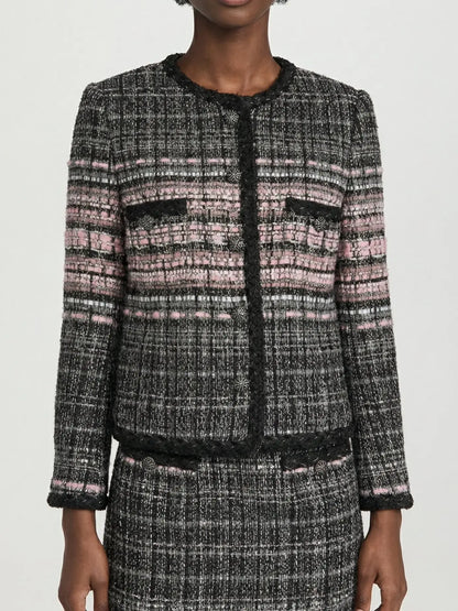 Black & Pink Textured Tweed Collarless Jacket - S - Jackets