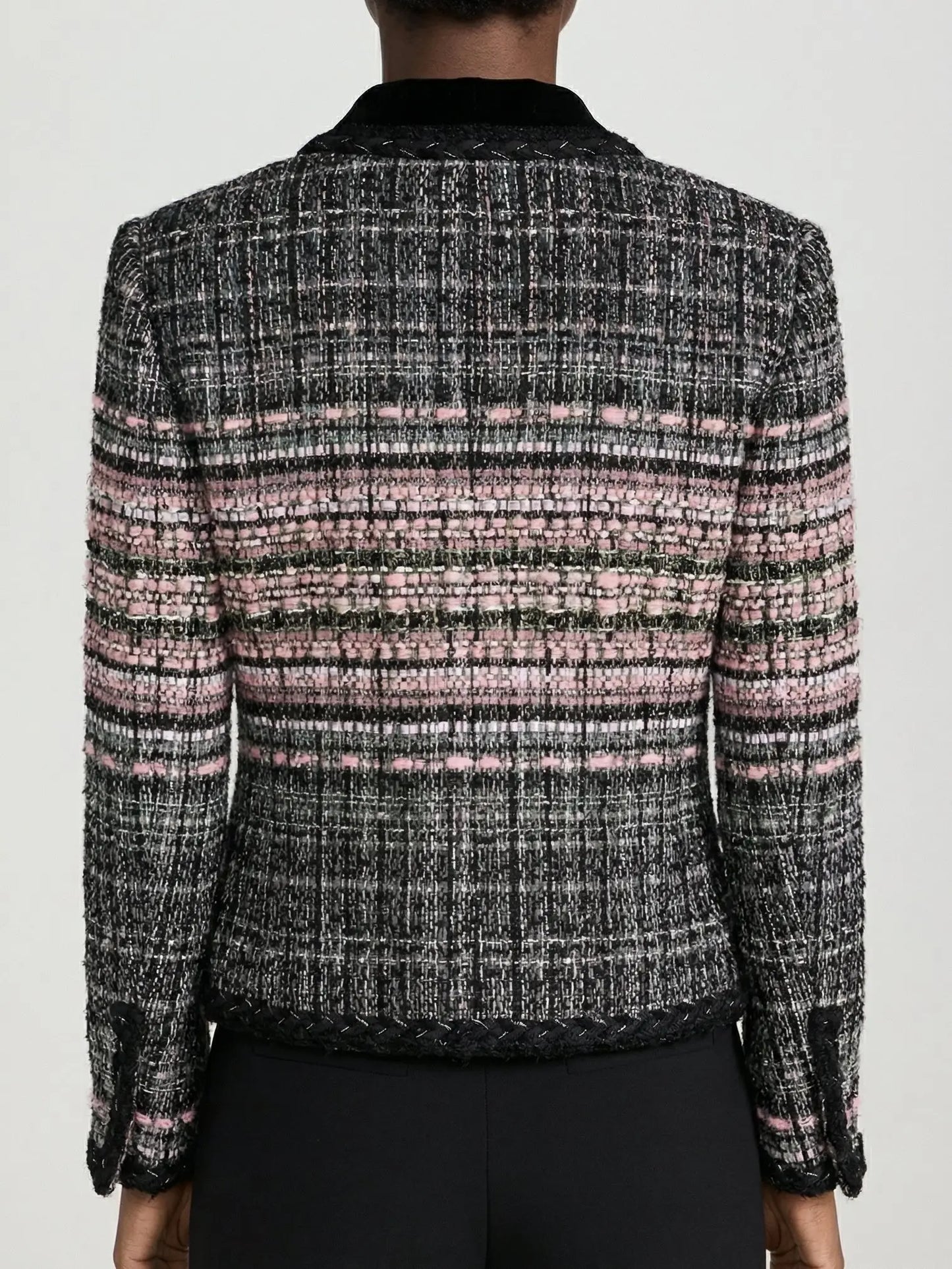 Black & Pink Textured Tweed Collarless Jacket - Jackets