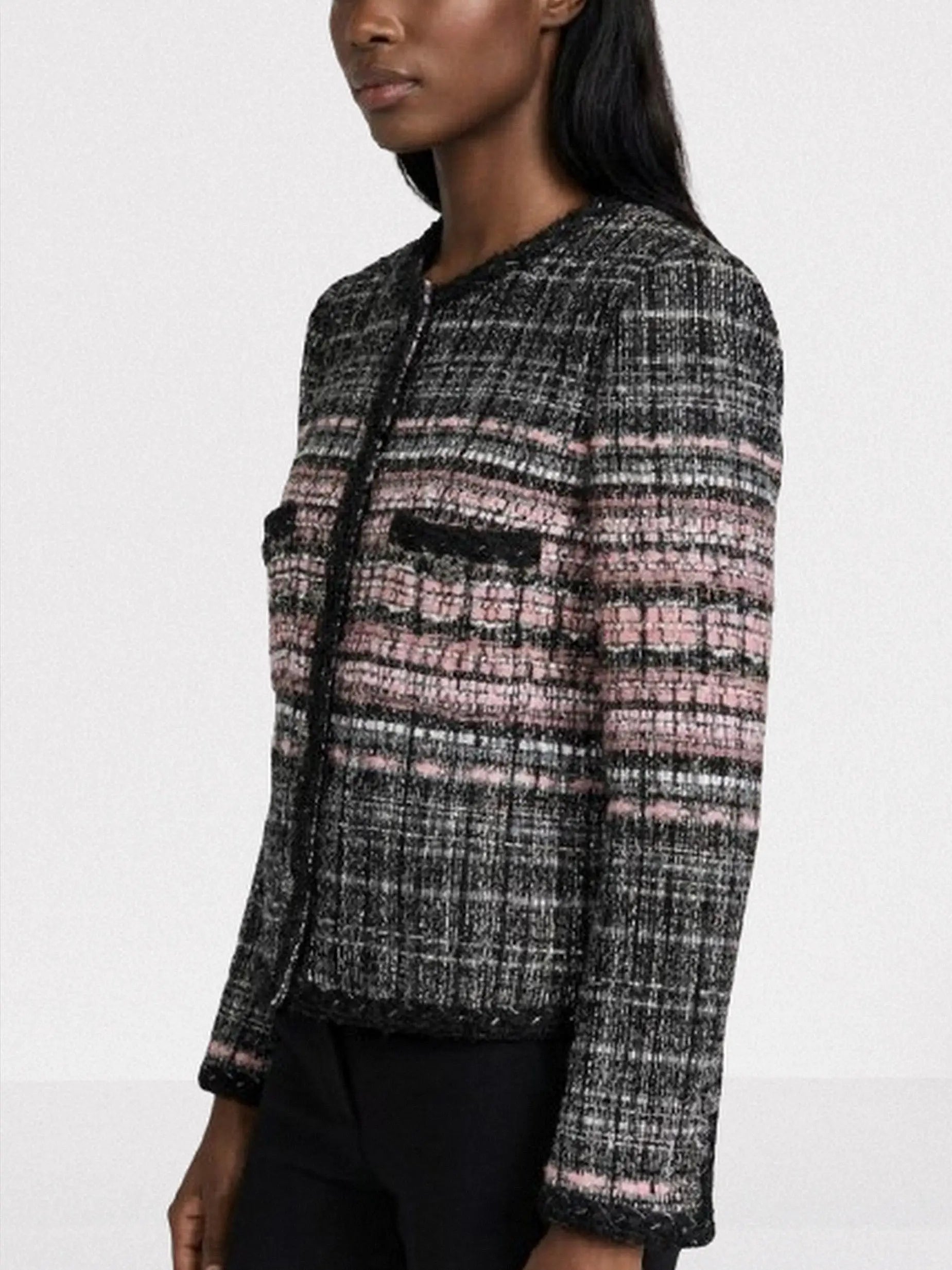 Black & Pink Textured Tweed Collarless Jacket - Jackets