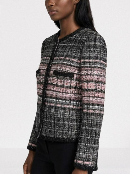 Black & Pink Textured Tweed Collarless Jacket - Jackets