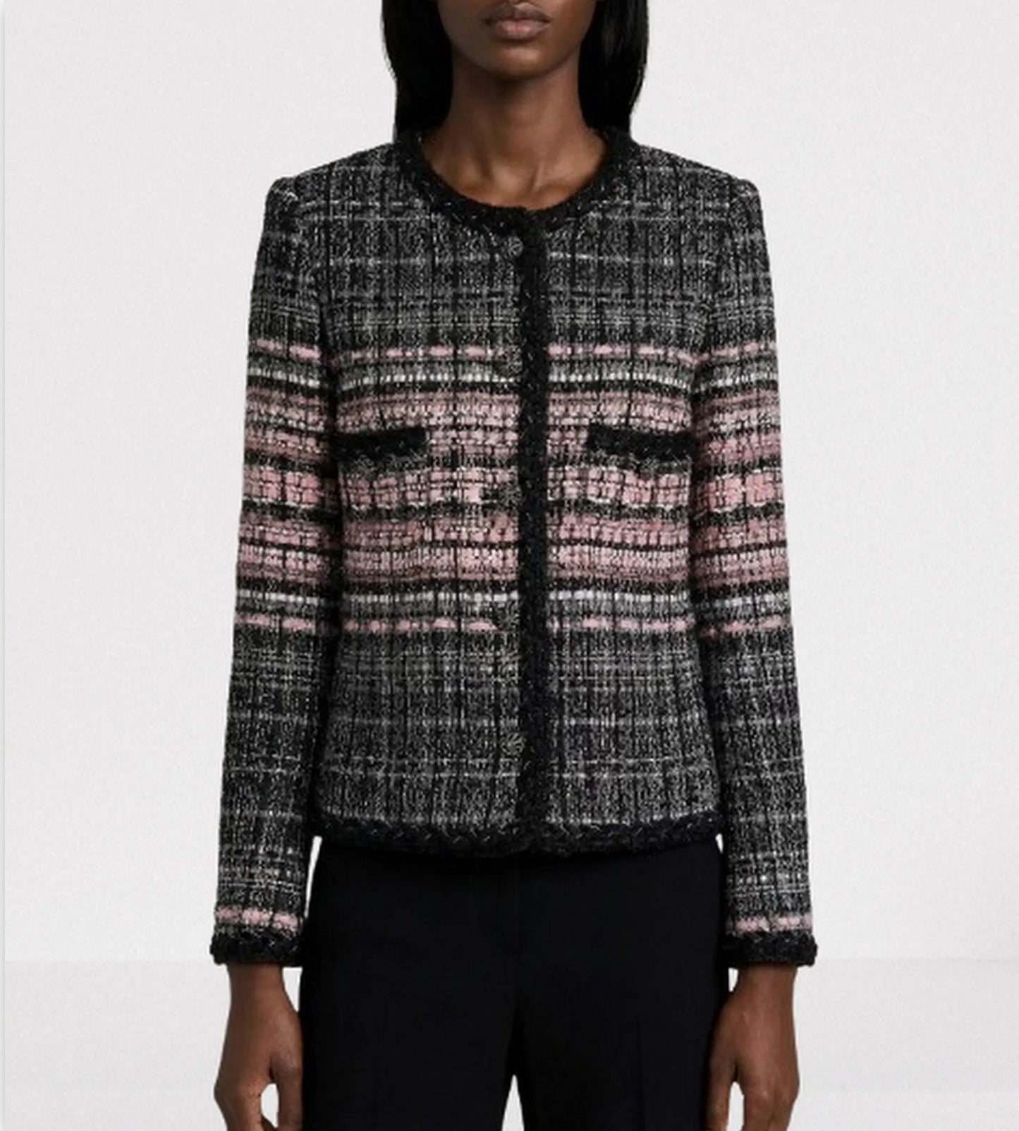 Black & Pink Textured Tweed Collarless Jacket - Jackets