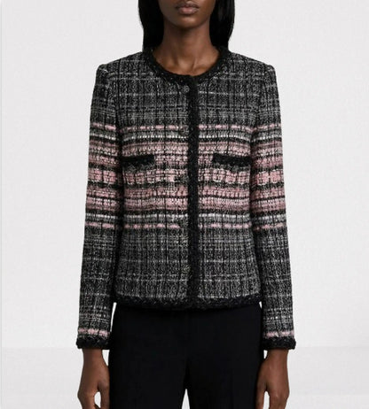 Black & Pink Textured Tweed Collarless Jacket - Jackets