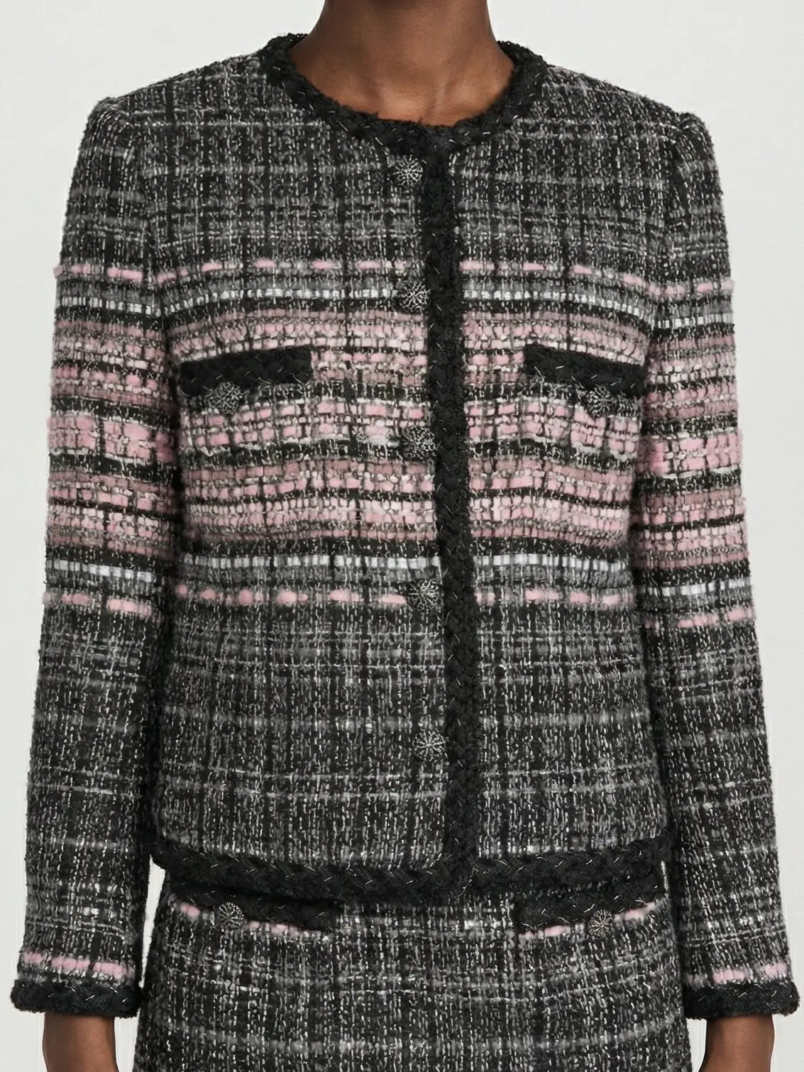 Black & Pink Textured Tweed Collarless Jacket - Jackets