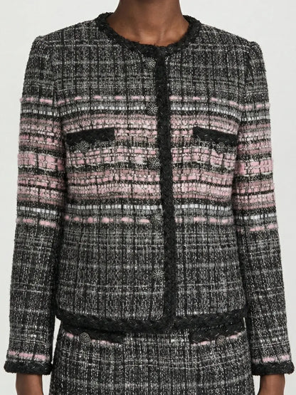 Black & Pink Textured Tweed Collarless Jacket - Jackets