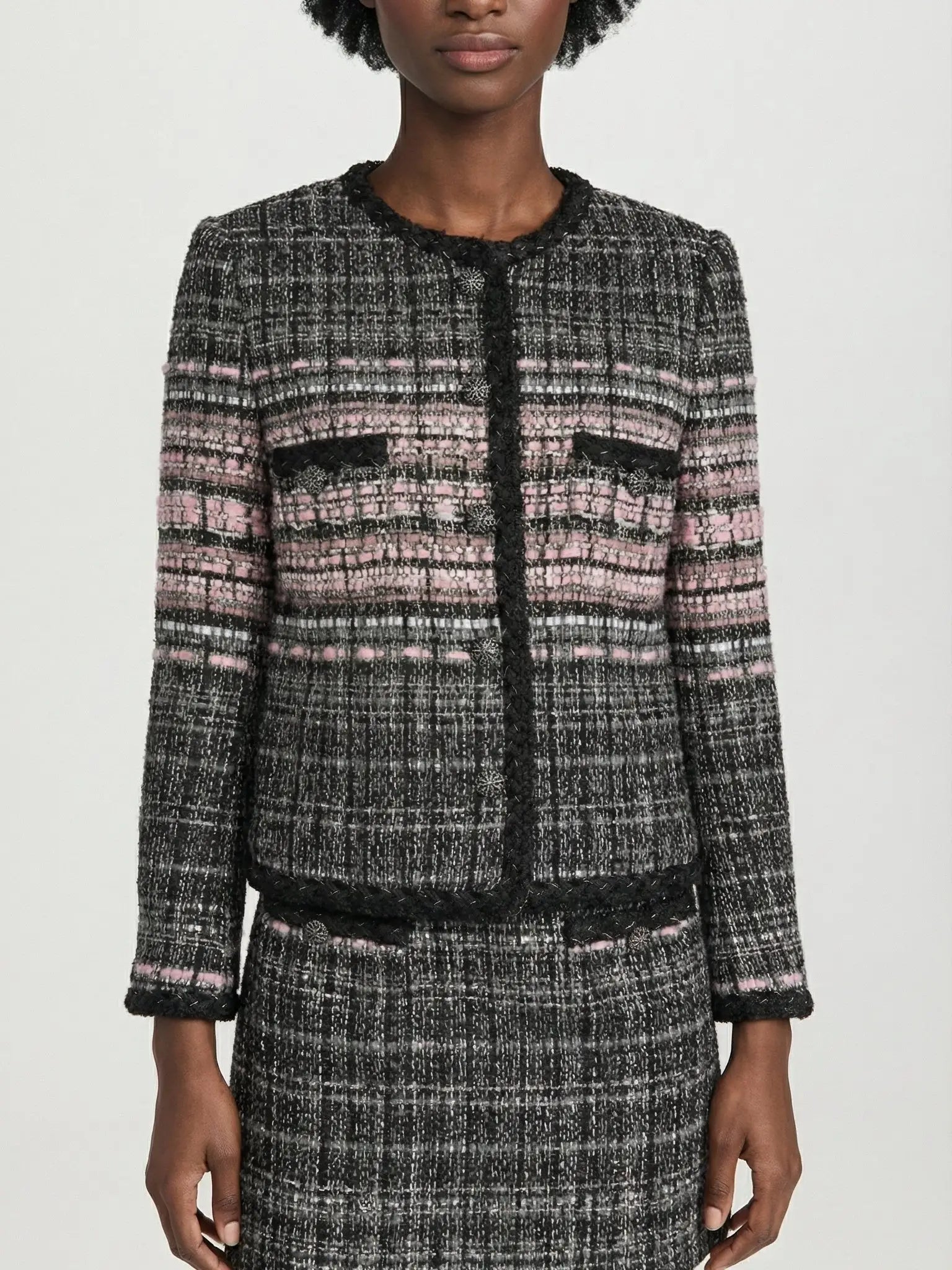 Black & Pink Textured Tweed Collarless Jacket - Jackets