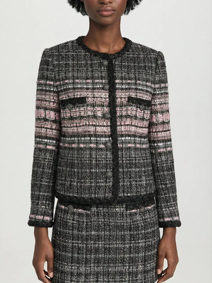 Black & Pink Textured Tweed Collarless Jacket - Jackets