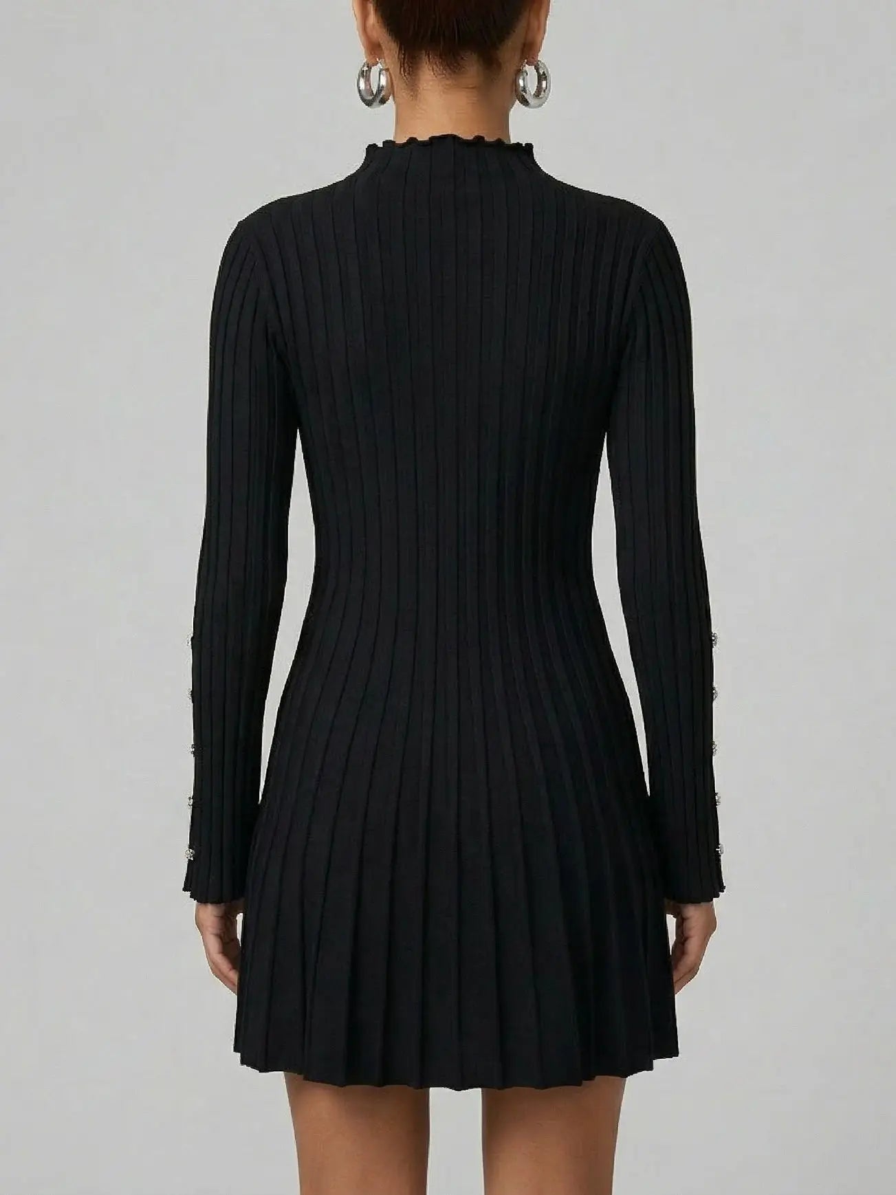 Black Pleated Knit Embellished Keyhole Mini Dress - Dresses
