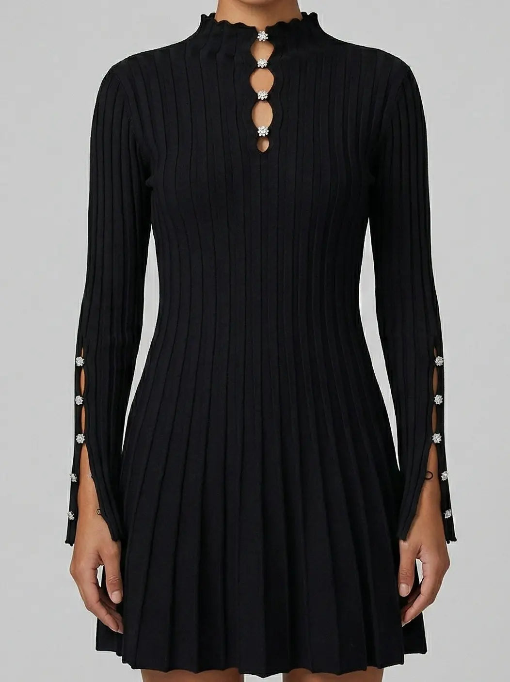 Black Pleated Knit Embellished Keyhole Mini Dress - Dresses