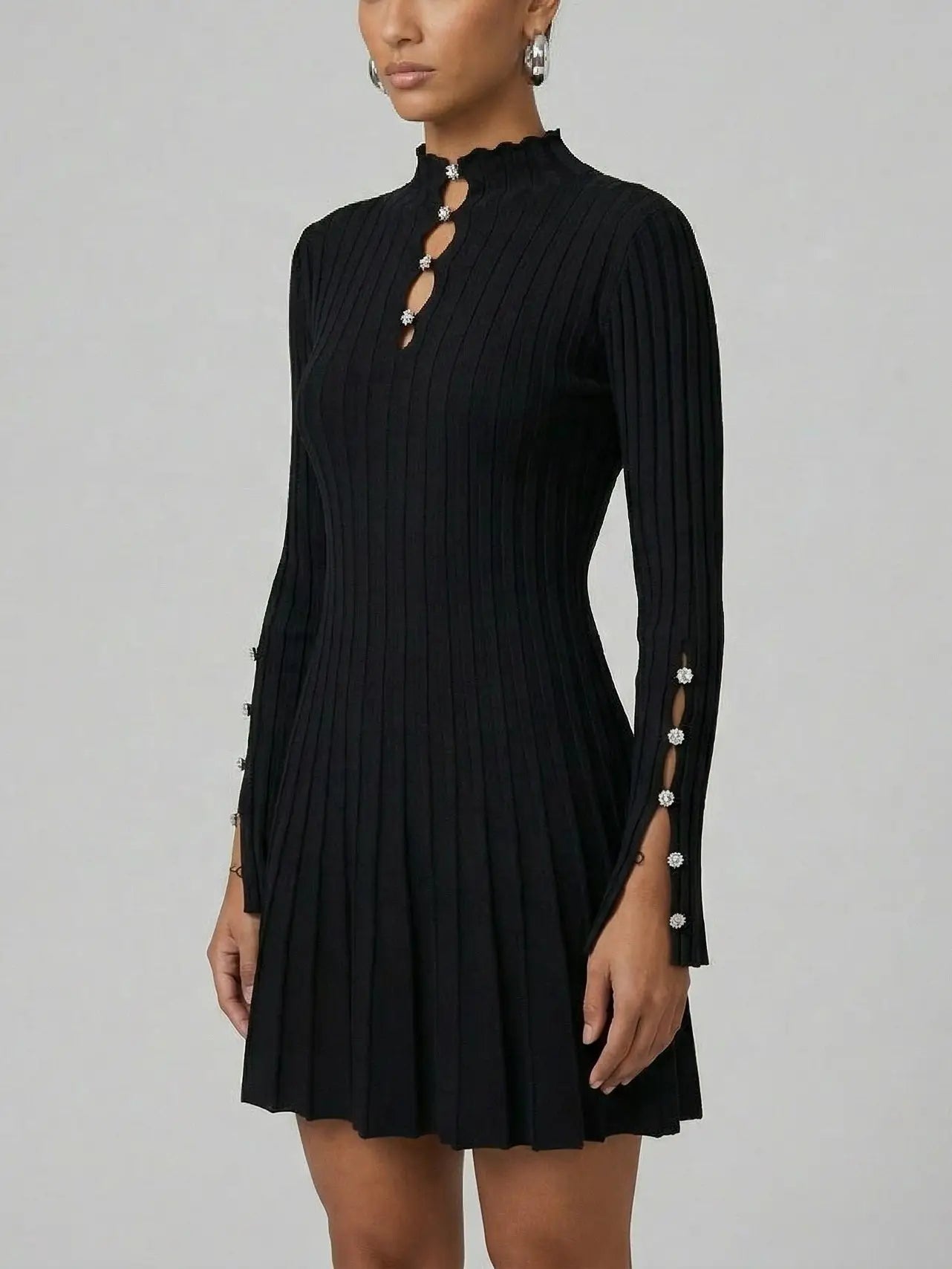 Black Pleated Knit Embellished Keyhole Mini Dress - Dresses