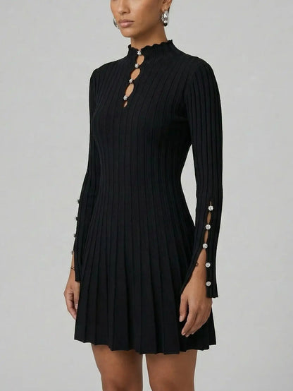 Black Pleated Knit Embellished Keyhole Mini Dress - Dresses