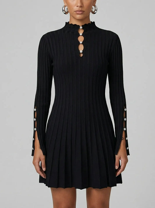 Black Pleated Knit Embellished Keyhole Mini Dress - Small - Dresses