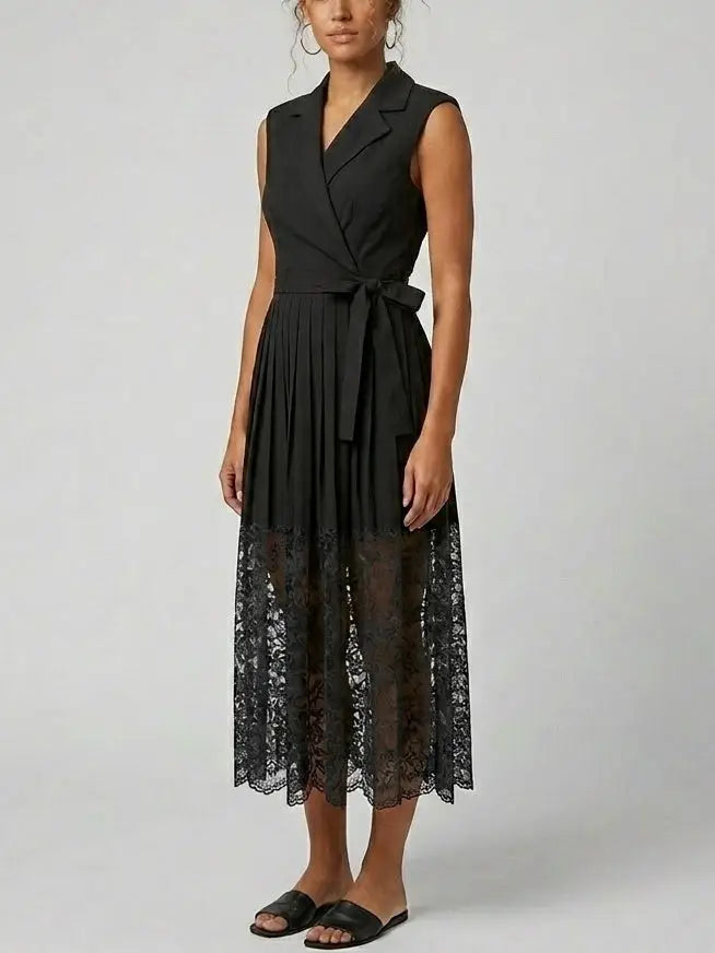 Black Pleated Midi Dress with Lace Hem - Dresses