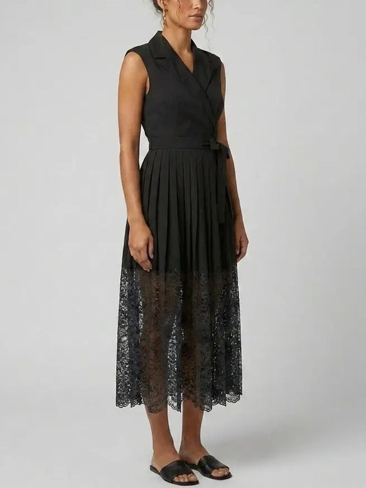 Black Pleated Midi Dress with Lace Hem - Dresses