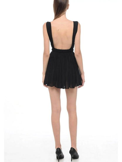Black Pleated Open-Back Mini Dress - Dresses