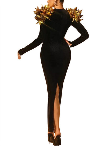Black Plunge-Neck Gown with Gold Star Appliques - Dresses