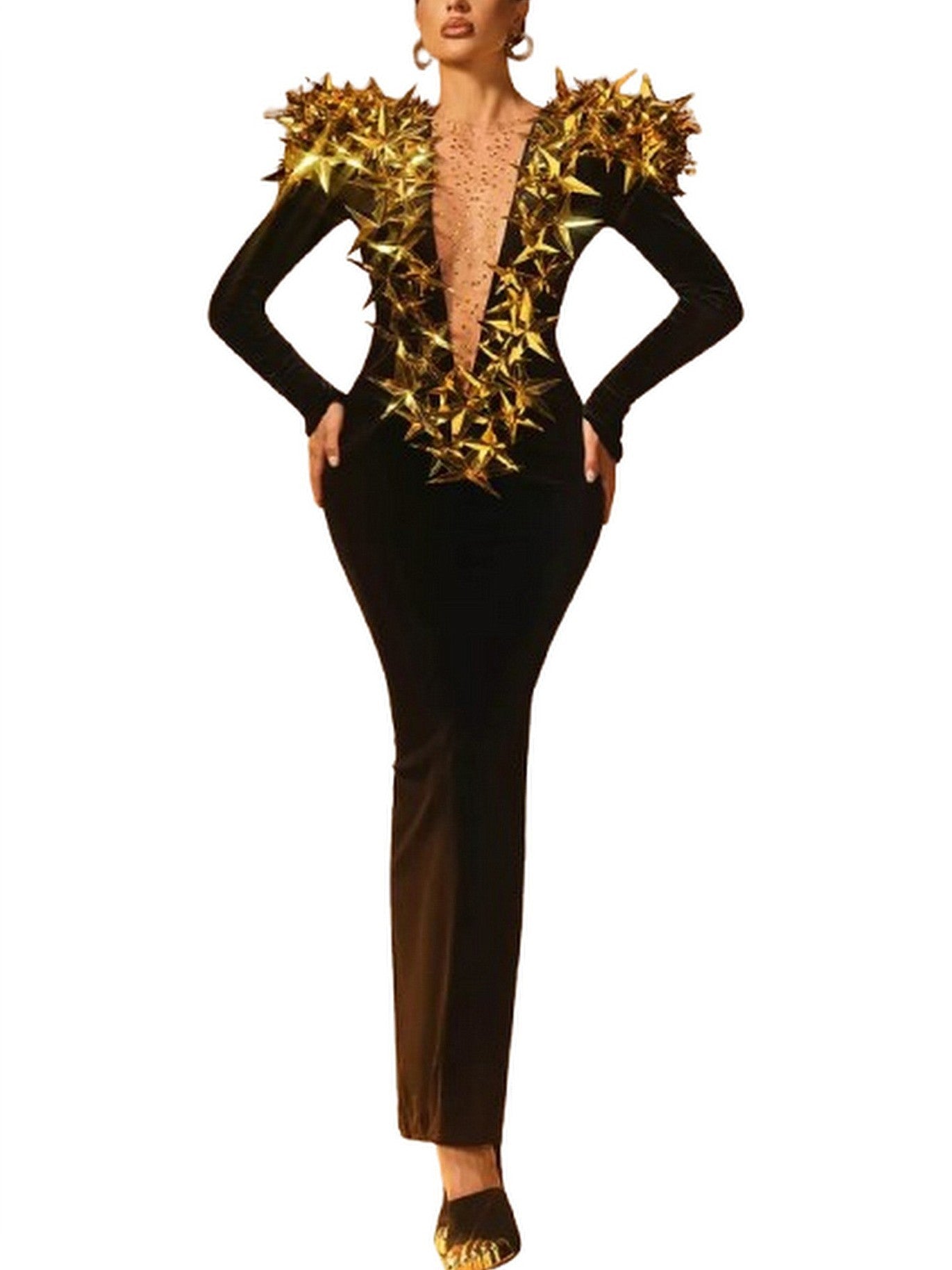 Black Plunge-Neck Gown with Gold Star Appliques - Dresses
