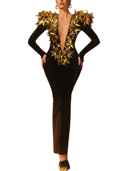 Black Plunge-Neck Gown with Gold Star Appliques - Dresses