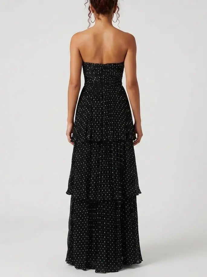 Black Polka Dot Strapless Tiered Maxi Dress - Dresses
