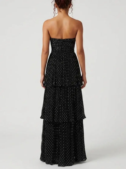 Black Polka Dot Strapless Tiered Maxi Dress - Dresses