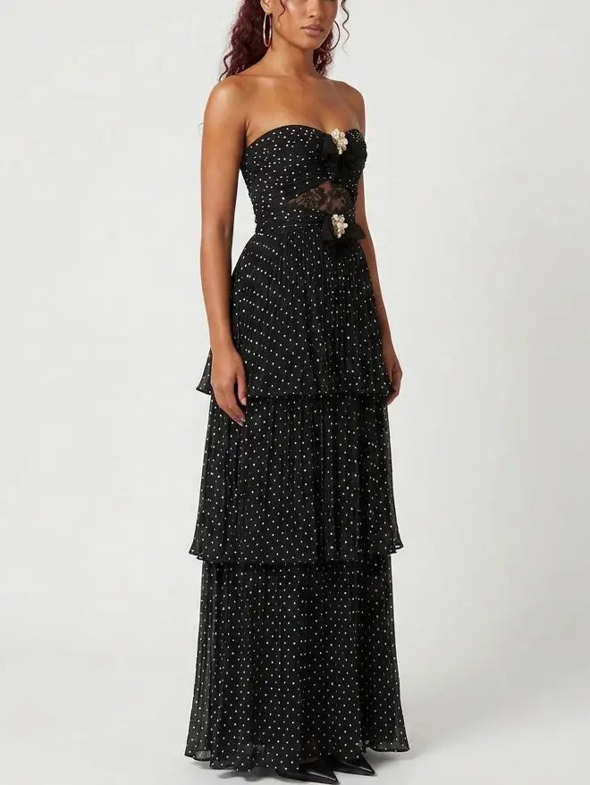 Black Polka Dot Strapless Tiered Maxi Dress - Dresses