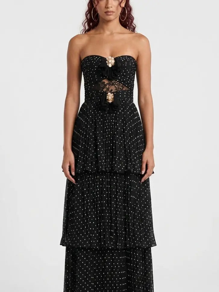 Black Polka Dot Strapless Tiered Maxi Dress - Dresses