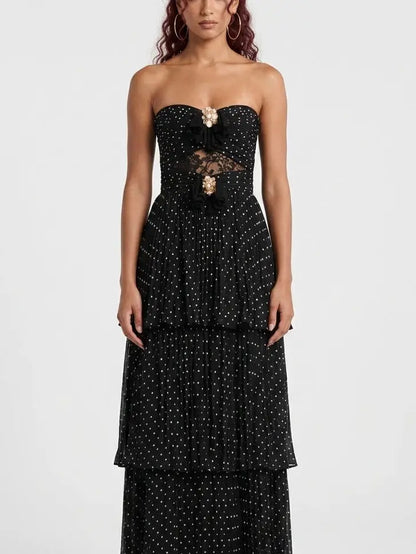 Black Polka Dot Strapless Tiered Maxi Dress - Dresses
