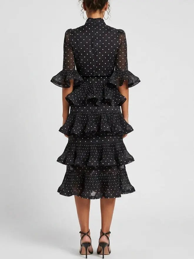 Black Polka Dot Tiered Ruffle Midi Dress - Dresses