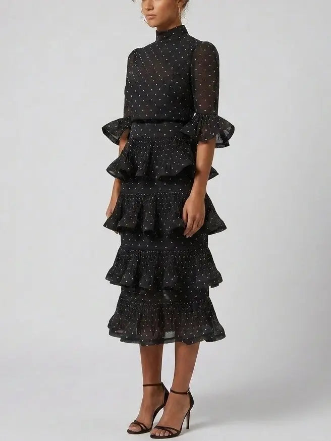 Black Polka Dot Tiered Ruffle Midi Dress - Dresses