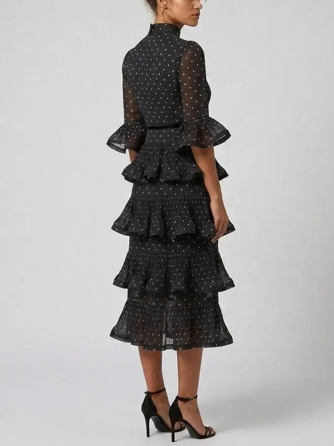 Black Polka Dot Tiered Ruffle Midi Dress - Dresses