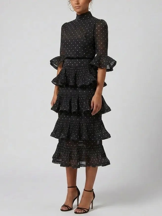 Black Polka Dot Tiered Ruffle Midi Dress - Dresses