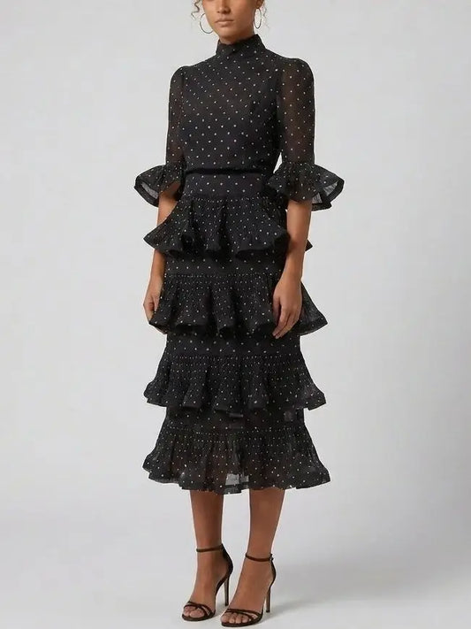 Black Polka Dot Tiered Ruffle Midi Dress - Dresses
