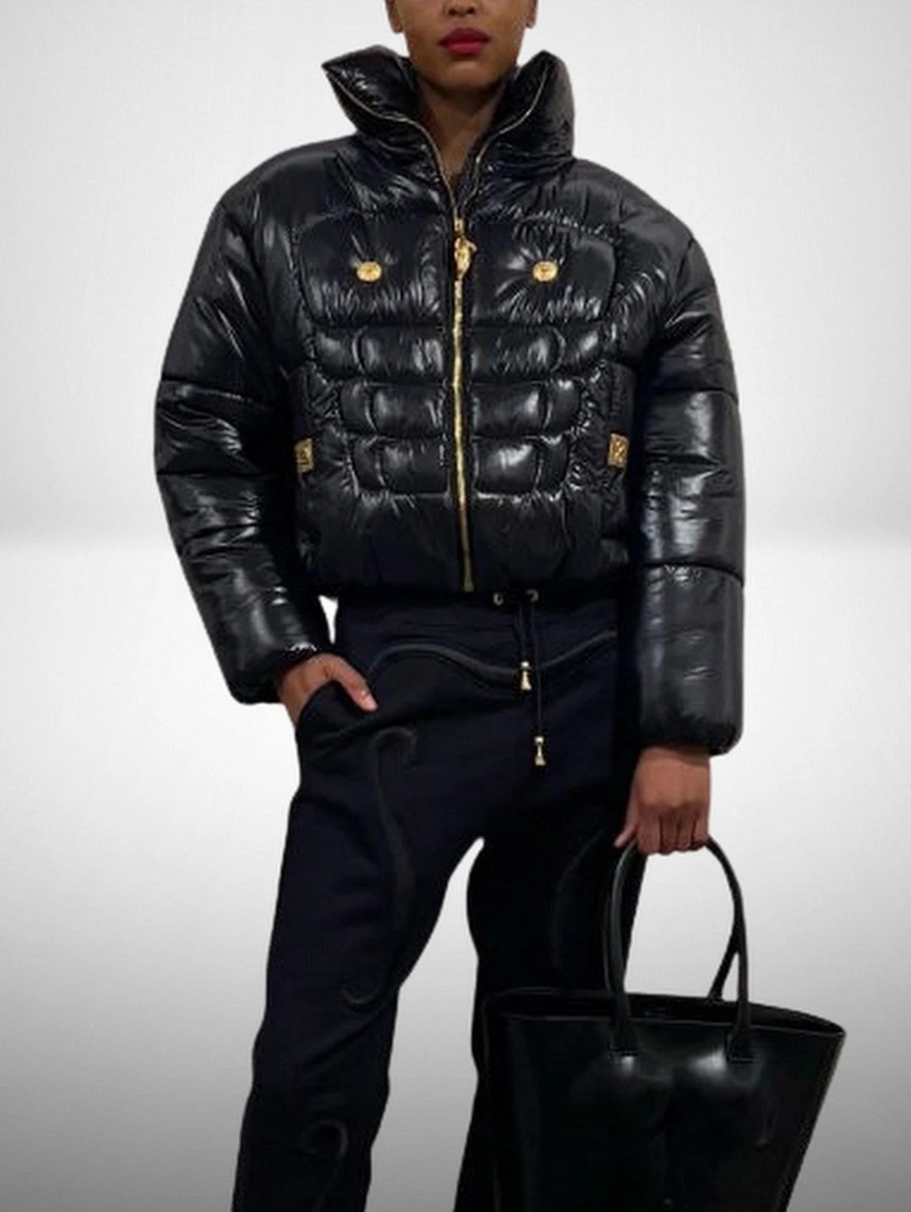 Black Puffer Jacket with Gold-Tone Hardware - Jackets