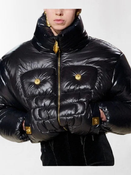 Black Puffer Jacket with Gold-Tone Hardware - Jackets
