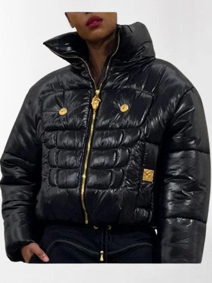 Black Puffer Jacket with Gold-Tone Hardware - Jackets