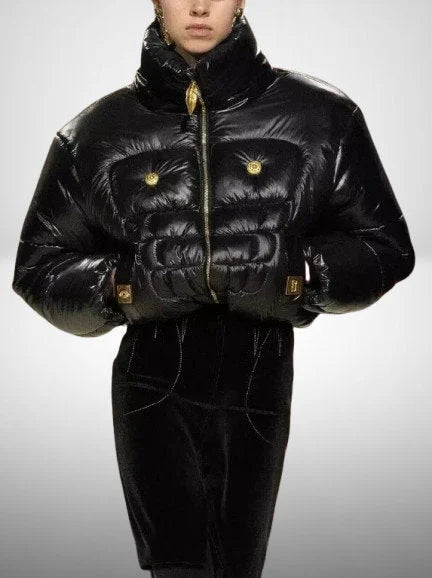 Black Puffer Jacket with Gold-Tone Hardware - Jackets