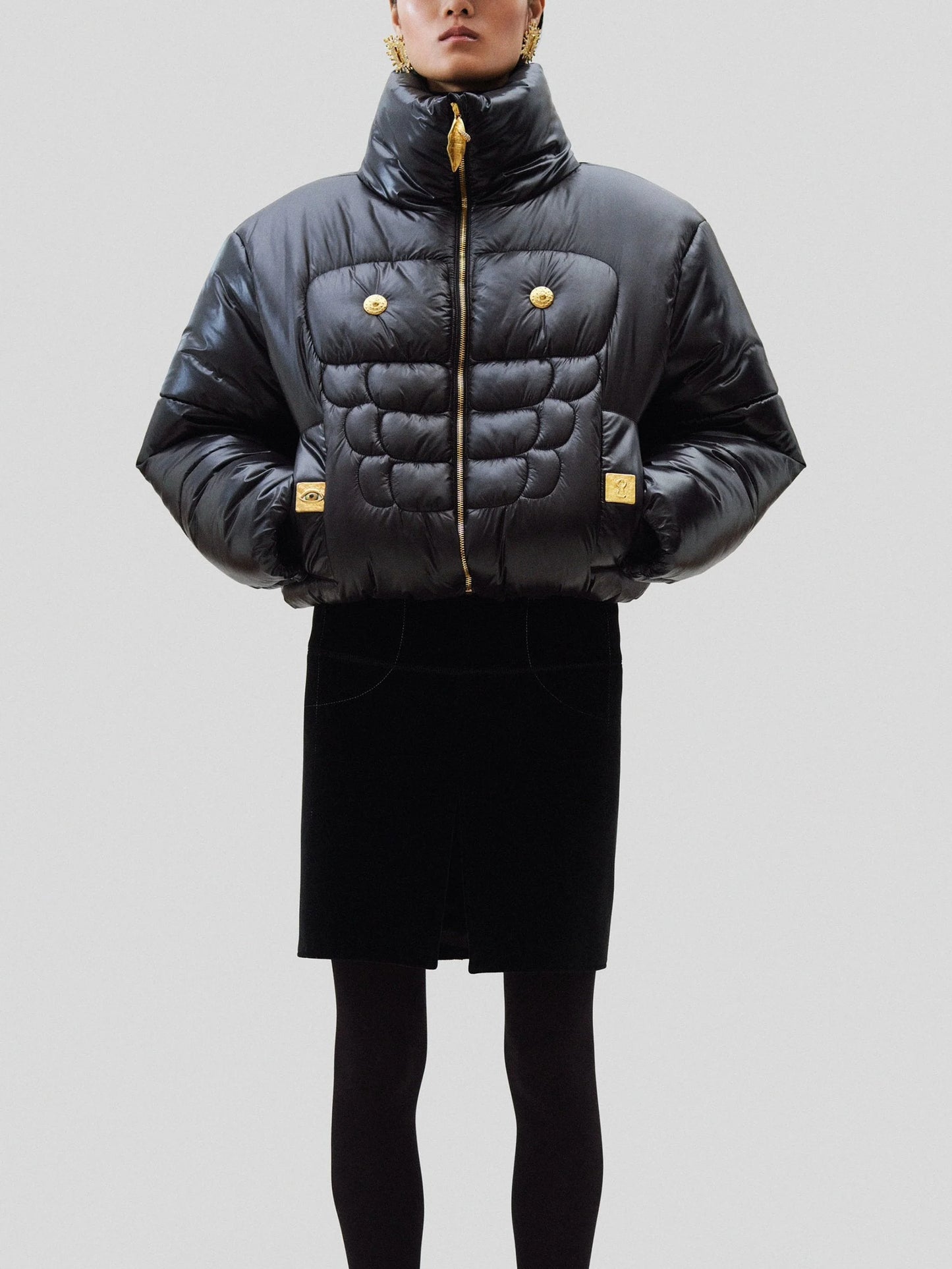 Black Puffer Jacket with Gold-Tone Hardware - Jackets