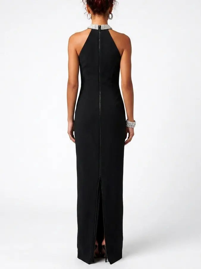 Black Rhinestone Halterneck Collar Velvet Maxi Dress - Dresses